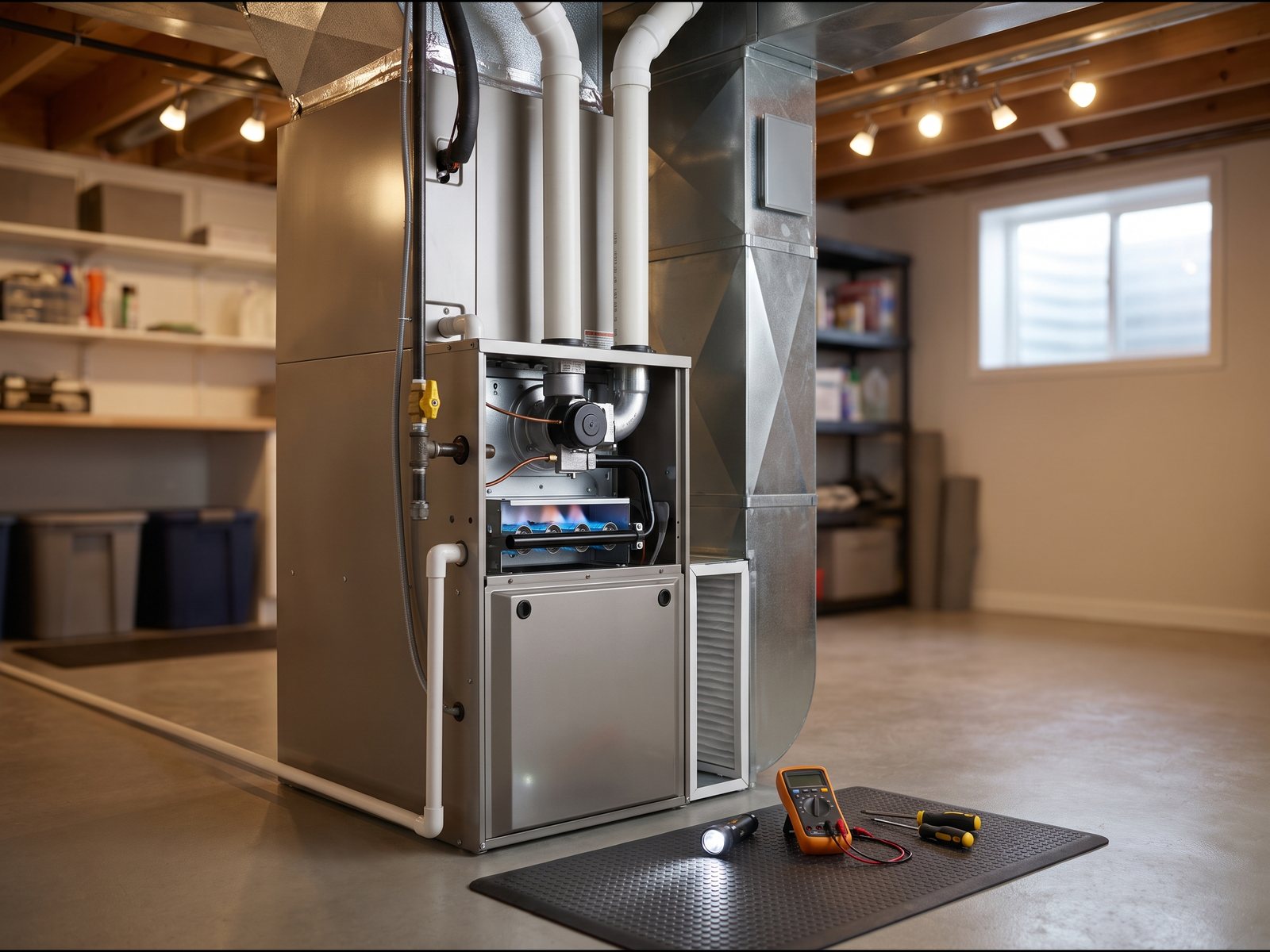 A high-efficiency gas furnace in a clean basement utility room with its front panel off and the burner flame visible, service tools laid out on a mat beside it.