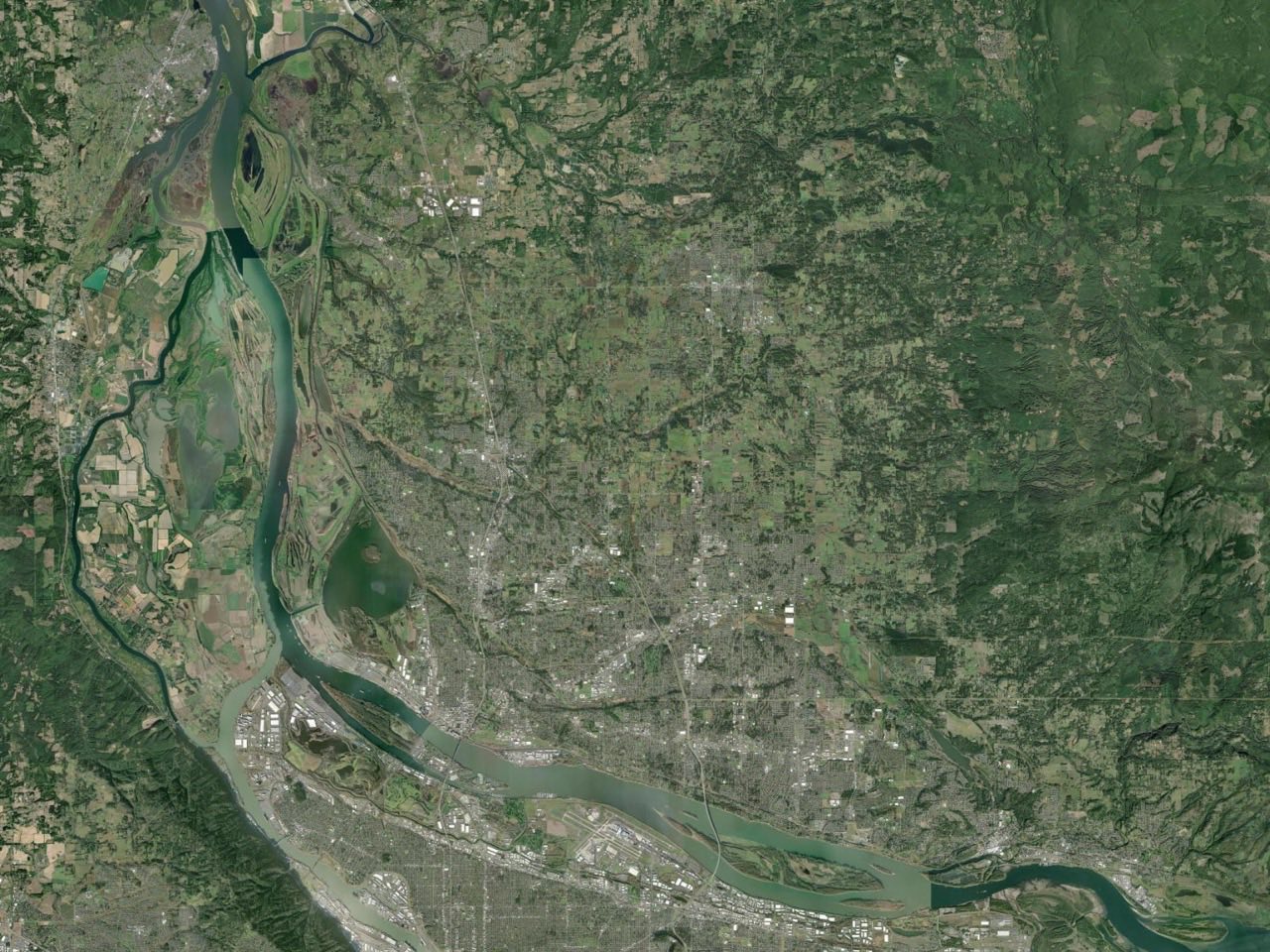 Satellite view of 777 HVAC's service area — Vancouver, WA and the surrounding Clark County communities of Ridgefield, Salmon Creek, Hazel Dell, Battle Ground, Orchards, Cascade Park, Fisher's Landing, and Camas, bordered to the south by the Columbia River.